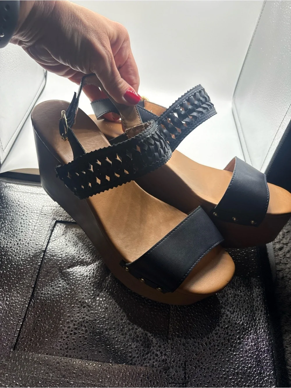 Tommy Hilfiger Black Woven-Strap Platform Wedges